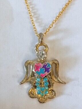 Vintage Gold Angel Pendant Autism Puzzle Piece Theme Heart Upcycled